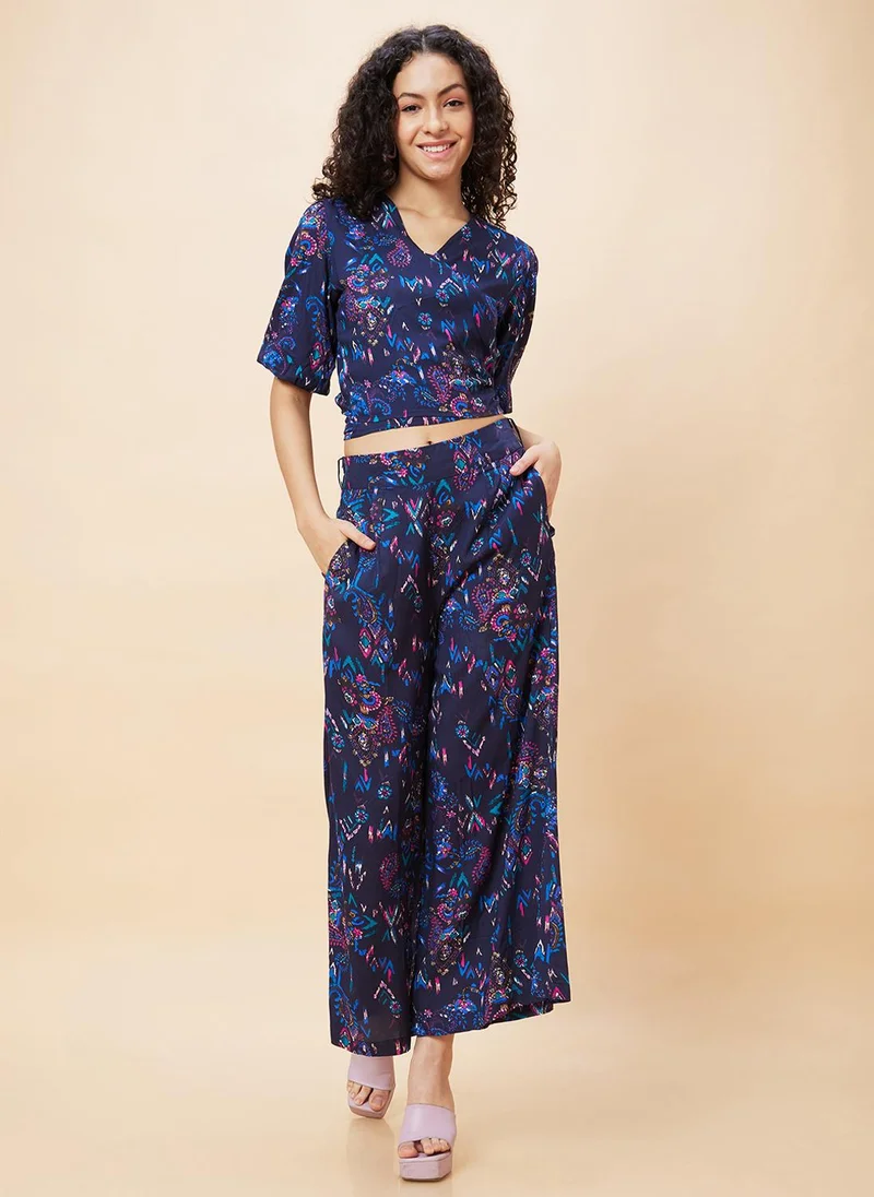 globus Globus Women Paisley Print Wrap Tie-Back Crop Top & Flared Palazzos Co-Ord Set